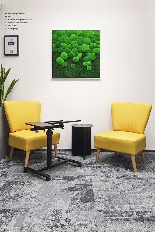 GREENIN eckiges Moosbild Verlauf mit Kugelmoos im Büro und Coworking Space in Wien