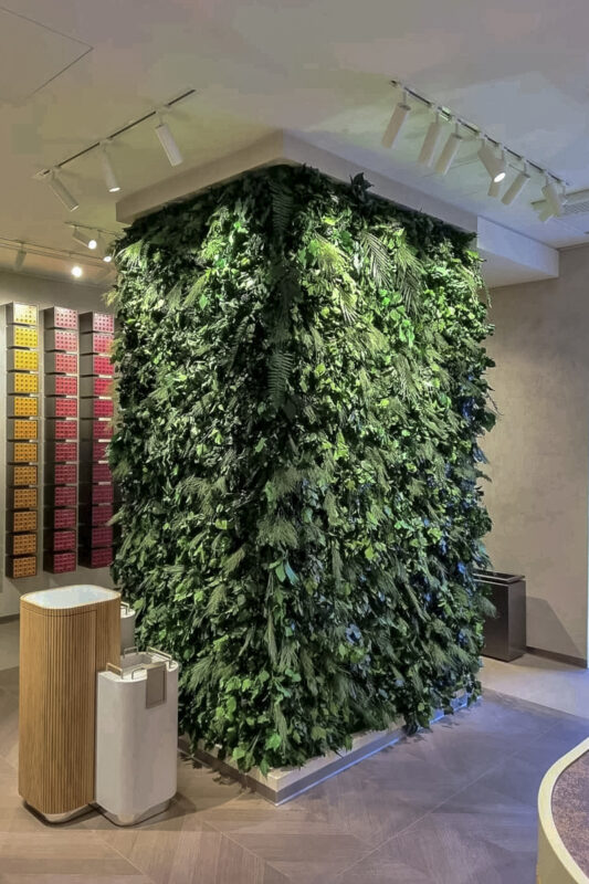 Detail der Moos- und Pflanzeninstallation von GREENIN im Nespresso Boutique Graz als Teil des Ladendesigns